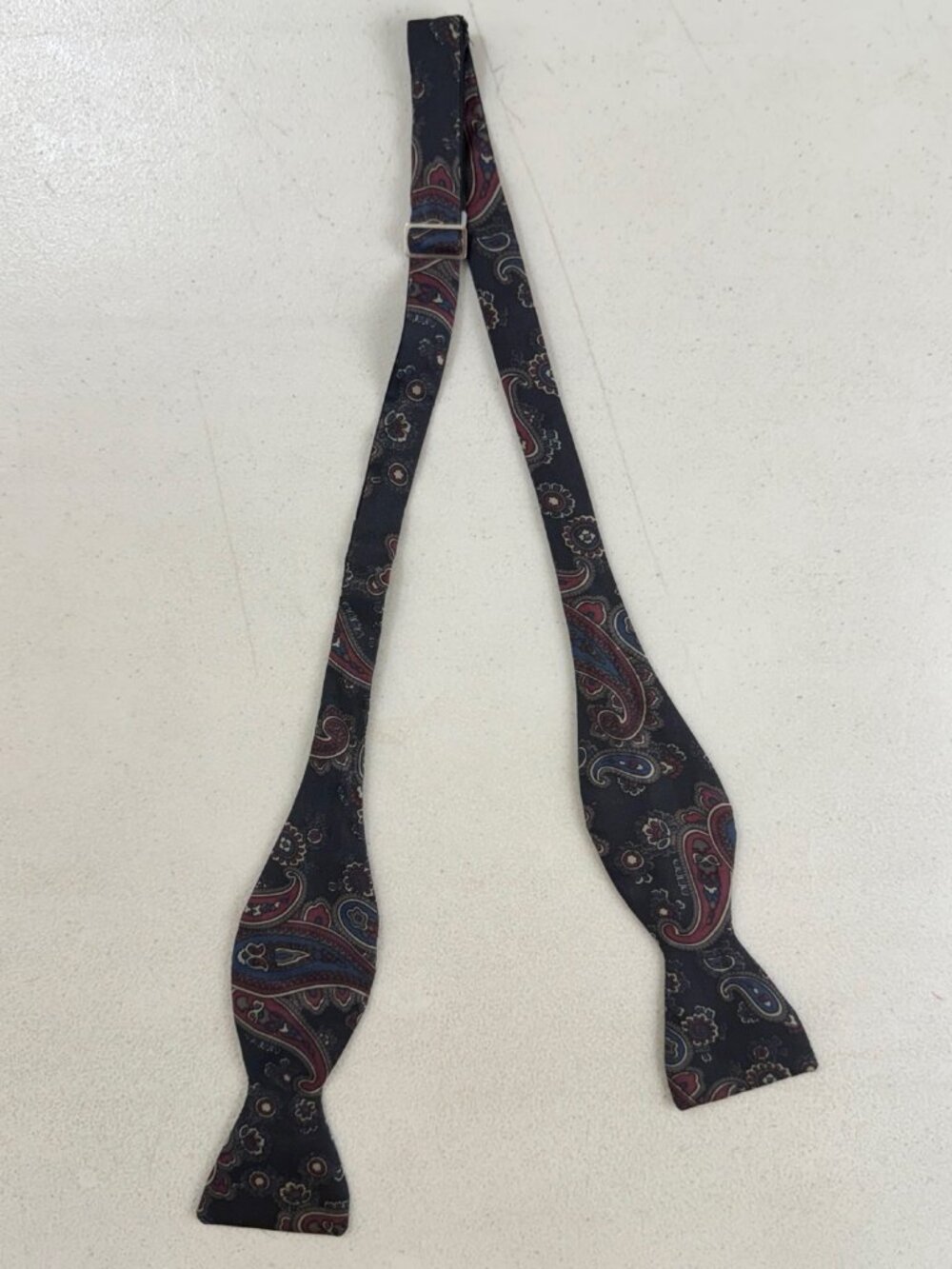 Vintage Black Paisley Print Silk Bow Tie 1970s Twill Preppy Formal Bowtie